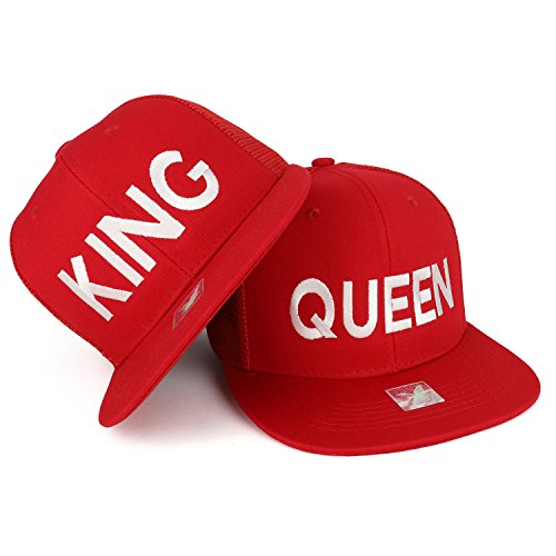 Trendy Apparel Shop King and Queen Embroidered Cotton Flat Bill Mesh Cap