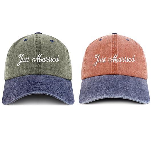 Trendy Apparel Shop Just Married Embroidered Pigment Dyed Cotton Couple 2 Pc Cap Set