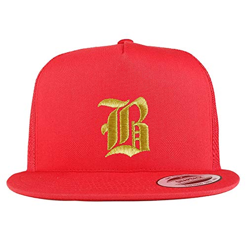 Trendy Apparel Shop Old English Gold B Embroidered 5 Panel Flatbill Trucker Mesh Cap