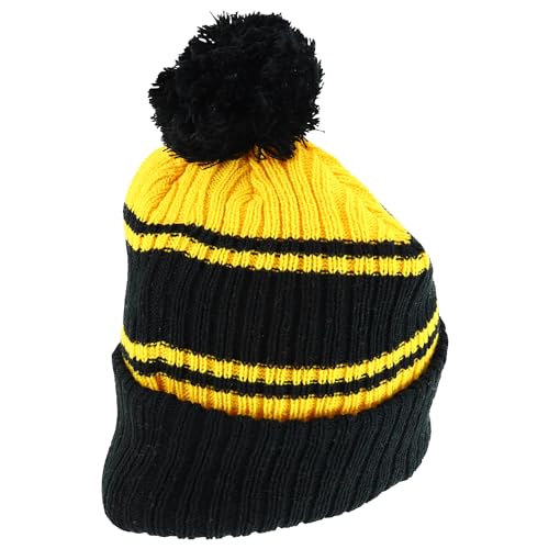 Trendy Apparel Shop Stripe Pattern Ribbed Knit Cuff Long Beanie with Pom Pom