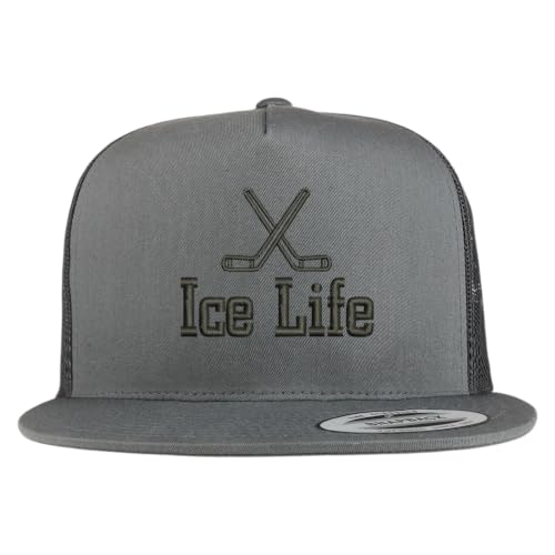 Trendy Apparel Shop Hockey Ice Life Embroidered 5 Panel Flatbill Trucker Mesh Cap