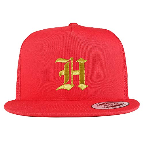 Trendy Apparel Shop Old English Gold H Embroidered 5 Panel Flatbill Trucker Mesh Cap