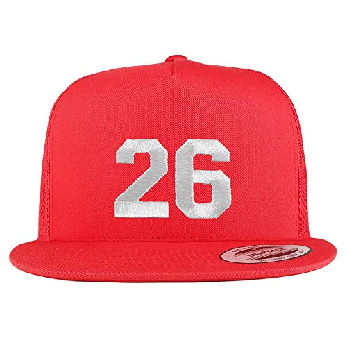 Trendy Apparel Shop Number 26 White Thread Embroidered Flat Bill 5 Panel Trucker Cap