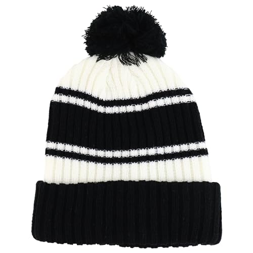 Trendy Apparel Shop Stripe Pattern Ribbed Knit Cuff Long Beanie with Pom Pom