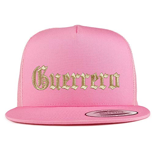 Trendy Apparel Shop Old English Guerrero Gold Embroidered 5 Panel Flatbill Trucker Mesh Cap