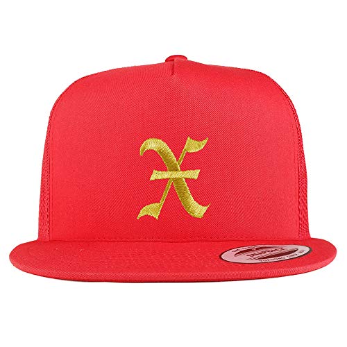 Trendy Apparel Shop Old English Gold X Embroidered 5 Panel Flatbill Trucker Mesh Cap