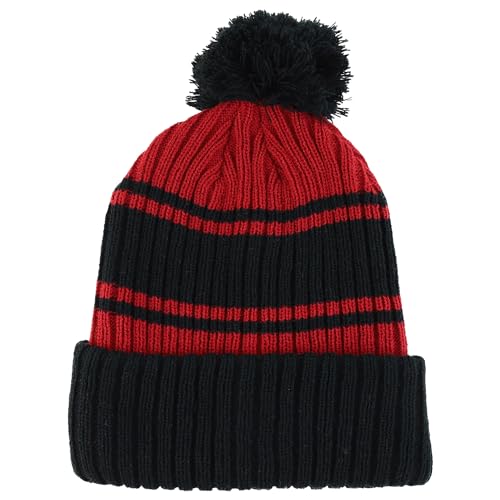 Trendy Apparel Shop Stripe Pattern Ribbed Knit Cuff Long Beanie with Pom Pom