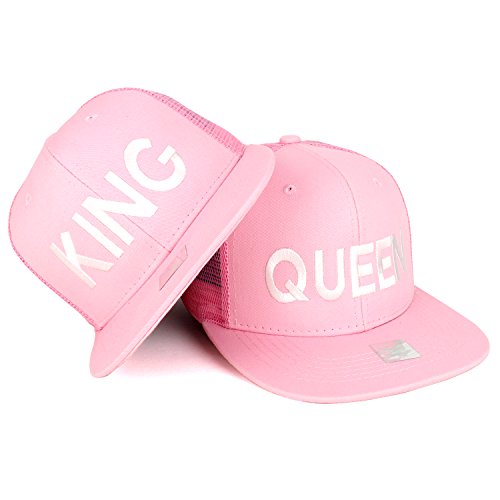 Trendy Apparel Shop King and Queen Embroidered Cotton Flat Bill Mesh Cap