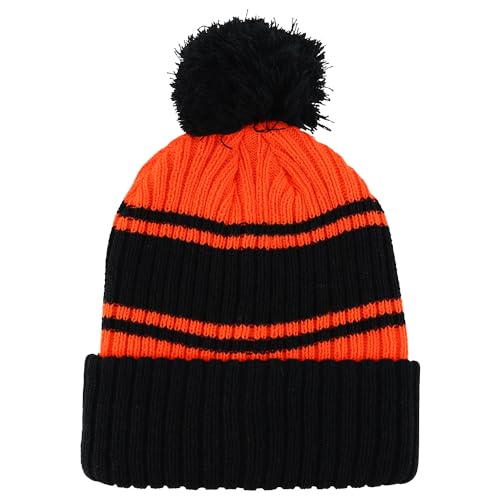 Trendy Apparel Shop Stripe Pattern Ribbed Knit Cuff Long Beanie with Pom Pom