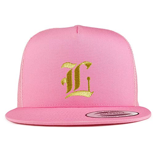 Trendy Apparel Shop Old English Gold L Embroidered 5 Panel Flatbill Trucker Mesh Cap