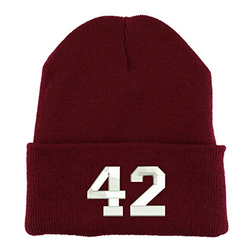 Trendy Apparel Shop Number 42 Collegiate Varsity Embroidered Made in USA Cuff Folded Acylic Knit Winter Beanie Hat