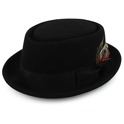 Trendy Apparel Shop Made in USA Wool Stingy Brim Pork Pie Hat with Feather