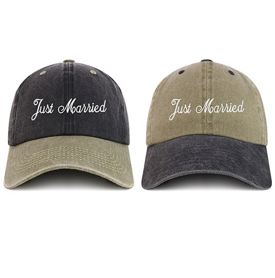 Trendy Apparel Shop Just Married Embroidered Pigment Dyed Cotton Couple 2 Pc Cap Set