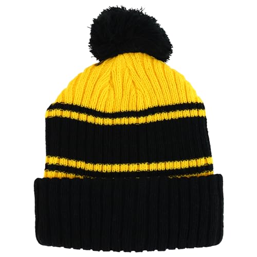 Trendy Apparel Shop Stripe Pattern Ribbed Knit Cuff Long Beanie with Pom Pom