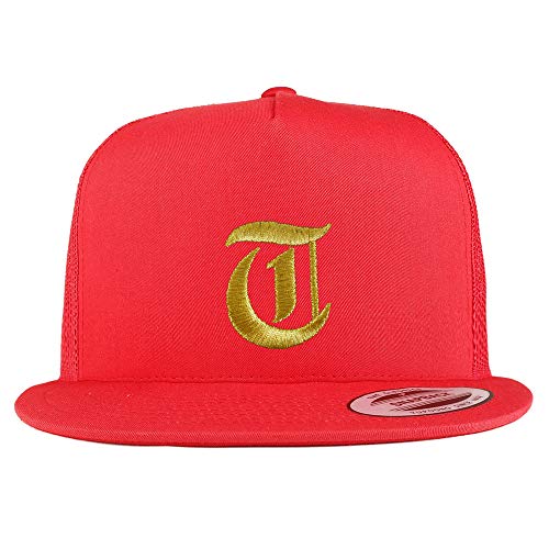 Trendy Apparel Shop Old English Gold T Embroidered 5 Panel Flatbill Trucker Mesh Cap