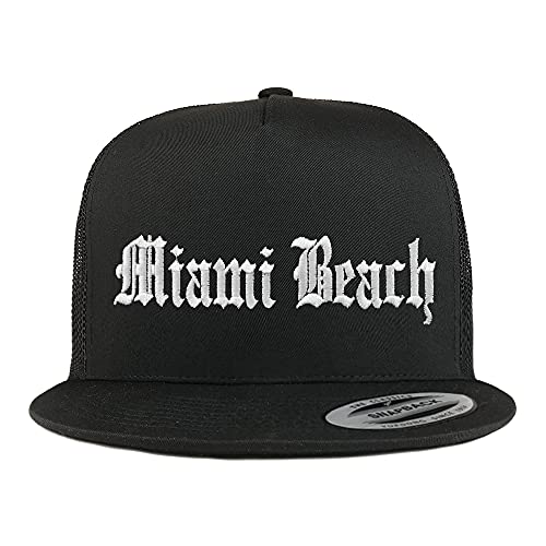 Trendy Apparel Shop Miami Beach Old English 5 Panel Flatbill Trucker Cap
