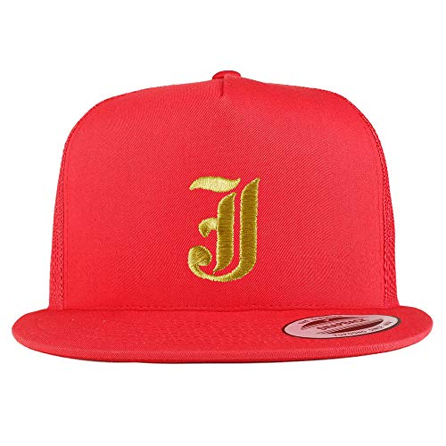 Trendy Apparel Shop Old English Gold J Embroidered 5 Panel Flatbill Trucker Mesh Cap
