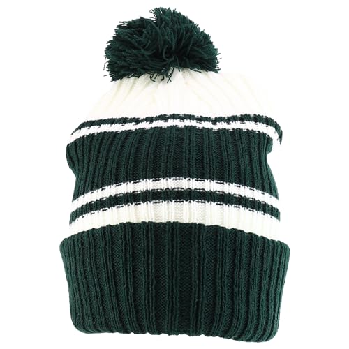 Trendy Apparel Shop Stripe Pattern Ribbed Knit Cuff Long Beanie with Pom Pom