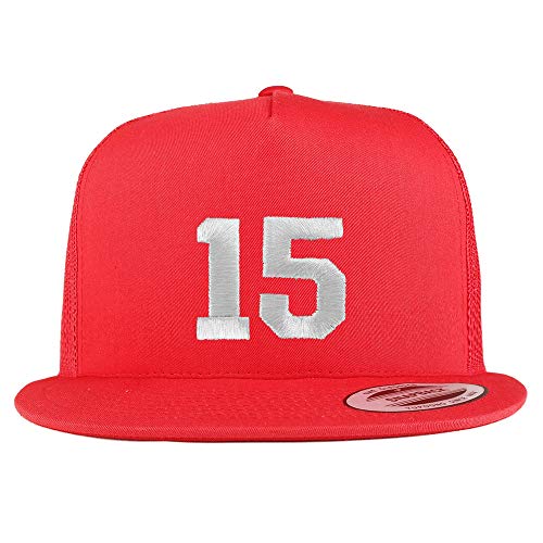 Trendy Apparel Shop Number 15 White Thread Embroidered Flat Bill 5 Panel Trucker Cap