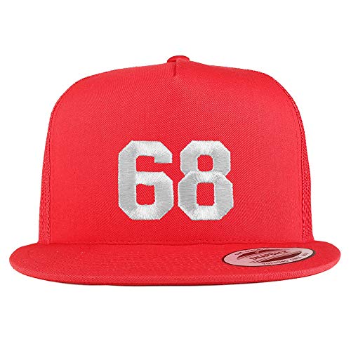 Trendy Apparel Shop Number 68 White Thread Embroidered Flat Bill 5 Panel Trucker Cap