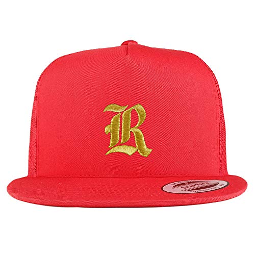 Trendy Apparel Shop Old English Gold R Embroidered 5 Panel Flatbill Trucker Mesh Cap