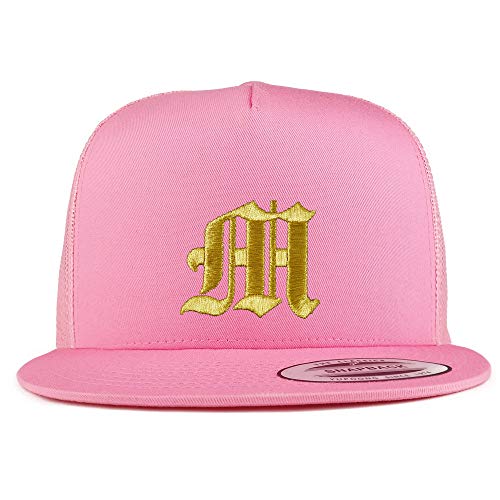 Trendy Apparel Shop Old English Gold M Embroidered 5 Panel Flatbill Trucker Mesh Cap