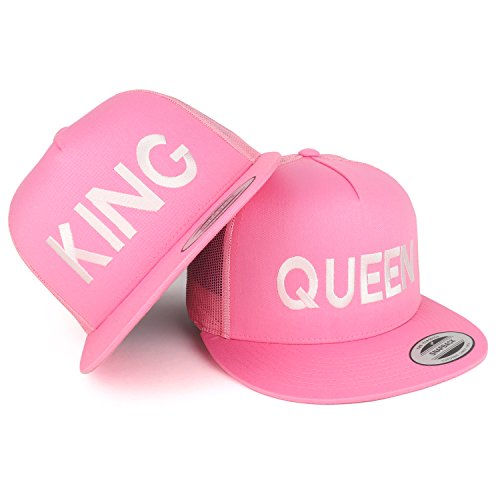 Trendy Apparel Shop King and Queen Embroidered 5 Panel Flat Bill Mesh Cap