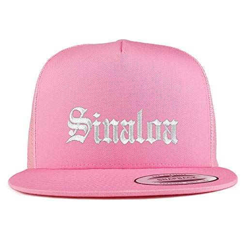 Trendy Apparel Shop Old English Sinaloa White Embroidered 5 Panel Flatbill Trucker Mesh Cap