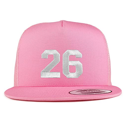 Trendy Apparel Shop Number 26 White Thread Embroidered Flat Bill 5 Panel Trucker Cap