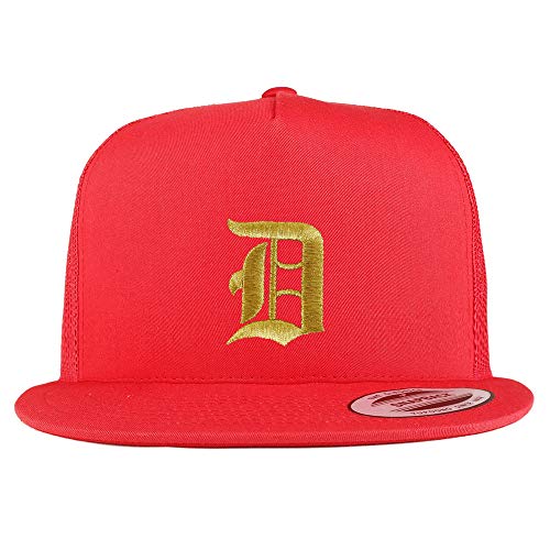 Trendy Apparel Shop Old English Gold D Embroidered 5 Panel Flatbill Trucker Mesh Cap