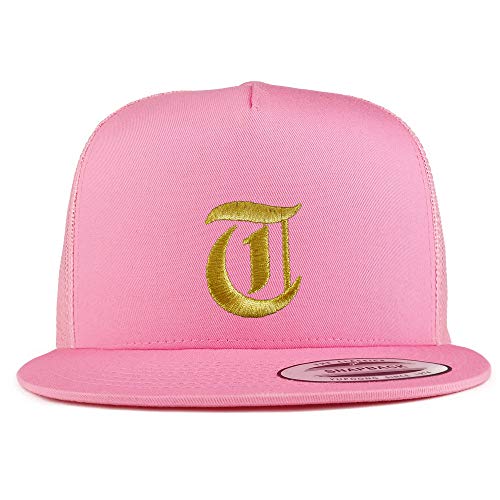 Trendy Apparel Shop Old English Gold T Embroidered 5 Panel Flatbill Trucker Mesh Cap