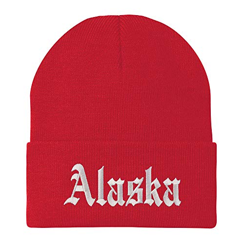 Trendy Apparel Shop Alaska State Old English Embroidered Long Cuff Beanie