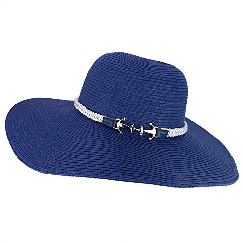 Trendy Apparel Shop Anchor Decorated Band Paper Braid Wide Brim Sun Hat