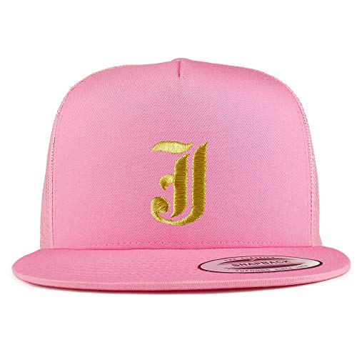 Trendy Apparel Shop Old English Gold J Embroidered 5 Panel Flatbill Trucker Mesh Cap