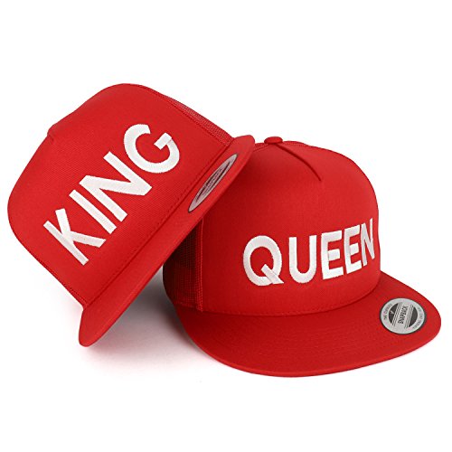 Trendy Apparel Shop King and Queen Embroidered 5 Panel Flat Bill Mesh Cap