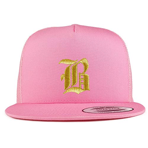 Trendy Apparel Shop Old English Gold B Embroidered 5 Panel Flatbill Trucker Mesh Cap