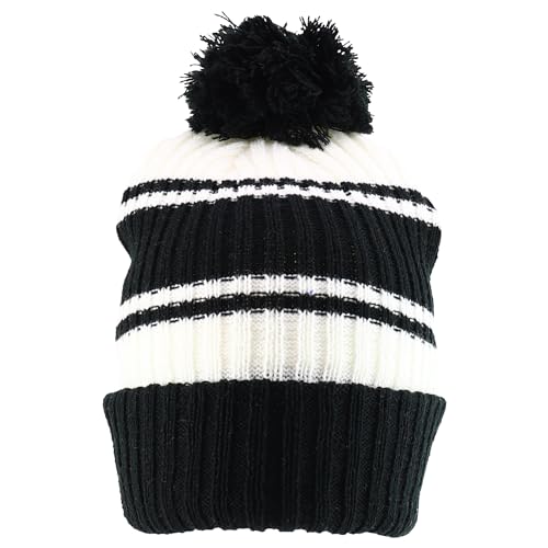 Trendy Apparel Shop Stripe Pattern Ribbed Knit Cuff Long Beanie with Pom Pom
