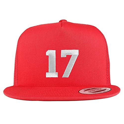Trendy Apparel Shop Number 17 White Thread Embroidered Flat Bill 5 Panel Trucker Cap