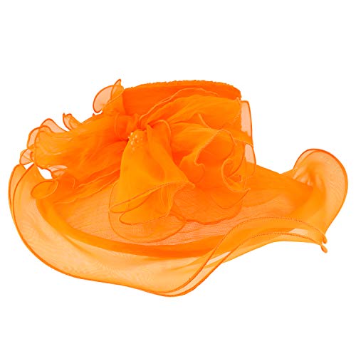 Trendy Apparel Shop Big Brim Pleated Rhinestone Brooch Flower Organza Hat