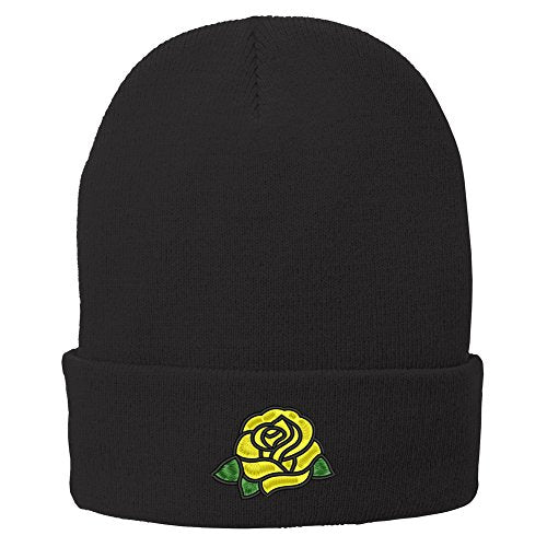 Trendy Apparel Shop Single Yellow Rose Embroidered Winter Knitted Long Beanie