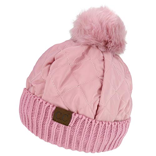 Trendy Apparel Shop Fur Pom Quilted Puffer Knit Cuff Beanie Hat
