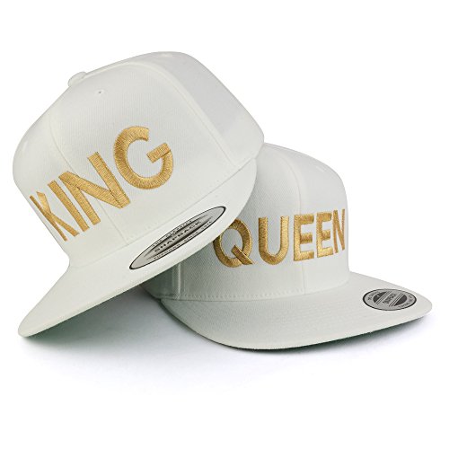 Trendy Apparel Shop King and Queen Embroidered Flat Bill Snapback Off White Cap - 2pc Pack
