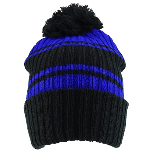 Trendy Apparel Shop Stripe Pattern Ribbed Knit Cuff Long Beanie with Pom Pom