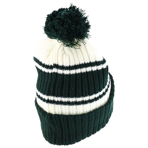 Trendy Apparel Shop Stripe Pattern Ribbed Knit Cuff Long Beanie with Pom Pom