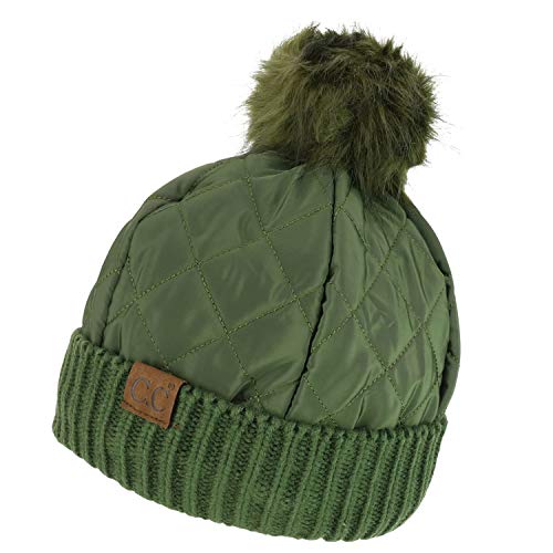 Trendy Apparel Shop Fur Pom Quilted Puffer Knit Cuff Beanie Hat