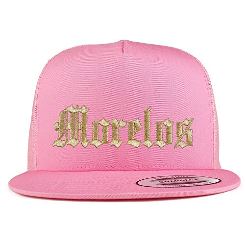 Trendy Apparel Shop Old English Morelos Gold Embroidered 5 Panel Flatbill Trucker Mesh Cap