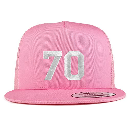 Trendy Apparel Shop Number 70 White Thread Embroidered Flat Bill 5 Panel Trucker Cap