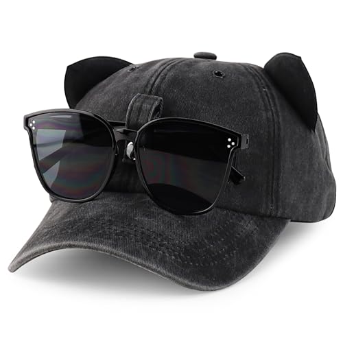 Trendy Apparel Shop Washed Cotton Cat Ear Baseball Cap with Sunglasses Holder