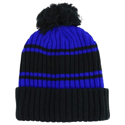 Trendy Apparel Shop Stripe Pattern Ribbed Knit Cuff Long Beanie with Pom Pom