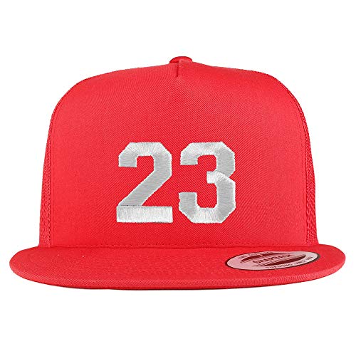 Trendy Apparel Shop Number 23 White Thread Embroidered Flat Bill 5 Panel Trucker Cap